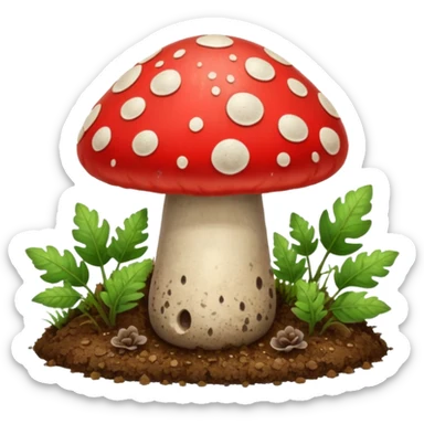 red magic mushroom wiht dirt sticker