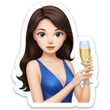 Sexy brunette woman long dark brown hair, hazel eyes, pale skin toasting with champagne in sexy blue dress sticker