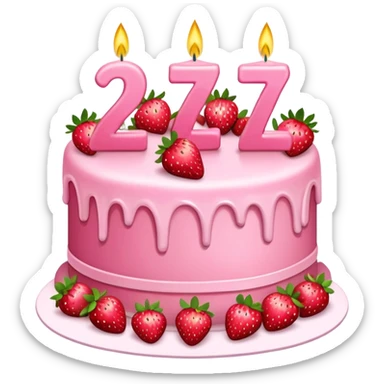 Pink cake with strawberries, the #27 on it and candles sticker