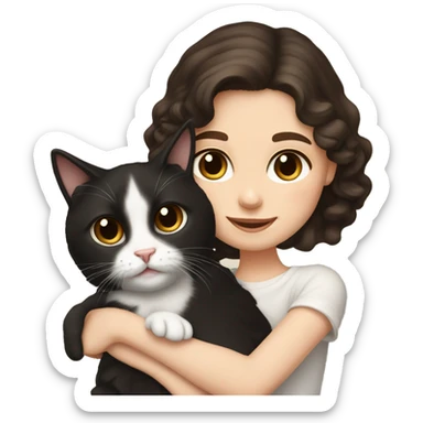 Girl with wavy curly dark brown hair and light brown eyes holds her pet tuxedo cat sticker