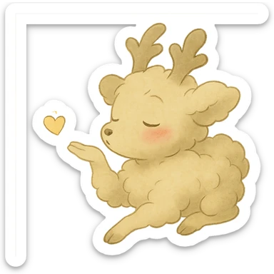 Make the vanilla-colored cloud doe appear to be sleeping, with rosy cheeks, blowing a kiss with sparkles, soft Ghibli style, with no background. sticker