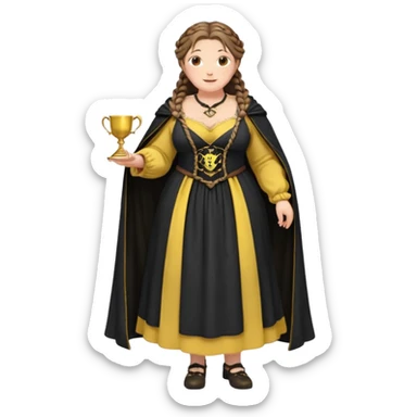 Helga Hufflepuff,brown-haired,2 braids,yellow-black medieval open dress,deep neckline,fat macromastia,black cloak decorated with gold braiding,gold cup with two handles,very kind smile,curvy busty,round rosy cheeks,full length with medieval shoes, inscription in pink heart says:"I love HELGA" sticker