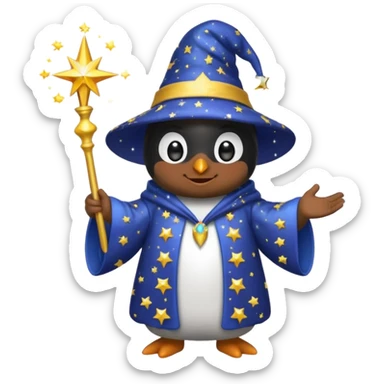 penguin wizard casting a sparkling spell, wearing a starry robe and hat, emoji style sticker