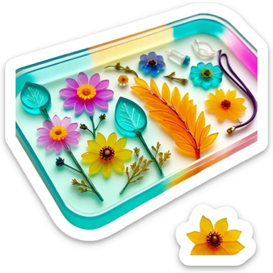 Epoxy resin art icon, jewelry and decorative items made with fluorescent epoxy resin, glowing effect on the resin, finished resin jewelry with dried flowers embedded inside, visible tubes of resin with bright colors, mixing tools, and molds, minimalistic style, clean lines, transparent background sticker