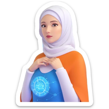 woman with white hijab wearing blue outfit, looking forward, surrounded by floating futuristic screens showing advanced holographic interfaces, AI visualizations, quantum data patterns, circuit networks, high-tech metaverse elements sticker