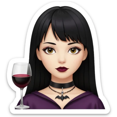 mulher cabelos pretos longos e lisos com uma franja curta acima dos olhos, olhos pretos com delineado, expressão séria, com um sorriso sensual e lábios cor de vinho, ela usa uma gargantilha preta com um pequeno pingente de morcego preto sticker