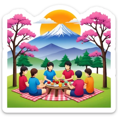"East Asian teams in color-coded tees picnic under cherry trees. Distant mountains with pine silhouettes, Sunlord cloud logo. Circular minimalist composition." sticker