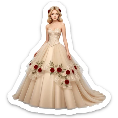 A luxurious strapless A-line wedding gown featuring a sheer lace corset bodice with structured boning, intricate floral embroidery, and a flowing layered tulle skirt adorned with delicate 3D floral appliqués for a soft, romantic, fairytale look. sticker