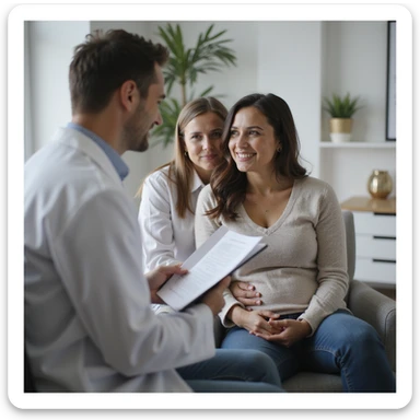 couple sitting together in medical office, doctor explaining fertility issues related to PCOS, supportive atmosphere, realistic details, clinic background, 4K quality sticker