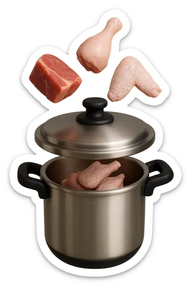 emoji stile iphone in 3d di una pentola a pressione dentro cui cadono agnello, pollo e tacchino crudi da cuocere, iperrealistico 4k sticker