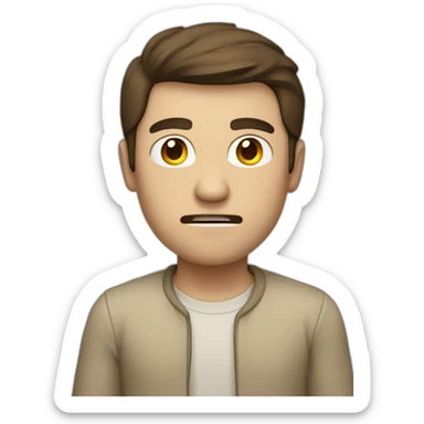 Man with brown hair with beige clothes with angry face sticker
