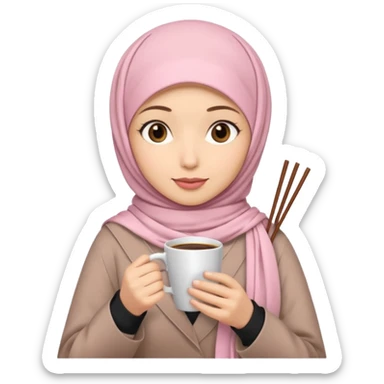 A hijabi girl with light pink hijab and tanned skin holding coffee in one hand and chopsticks in other. Only upper portion of the body shown in IOS format sticker