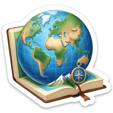 an icon featuring an earth with attitude and longitude lines, a textbook, and a topographic map, symbolizing geography as a science. The design includes a compass, mountain ranges, and rivers, representing the study of Earth's features and landscapes. Transparent background highlights geography. sticker