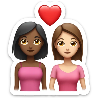 two ladies in love with a heart. the one on the left is a white lady with blue eyes and a brown bob with a pink shirt. the second is a venezuelan lady with brown eyes and dark brown hair with a red dress sticker
