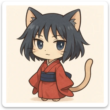 Ryougi Shiki as a chibi cat, with her signature kimono and short hair, looking mysterious and adorable sticker