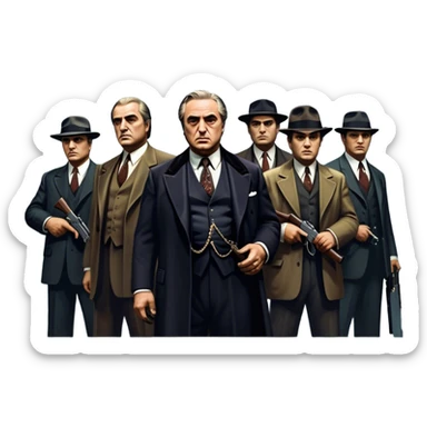 A vintage movie poster-style design featuring Don Vito Corleone surrounded by gangsters with Tommy guns. Include a dark, moody noir atmosphere with skyscrapers of New York in the background. The scene should be tense and mysterious, with a retro cinematic feel. Transparent background. sticker