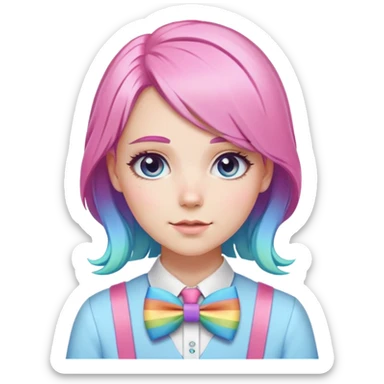 white girl with pastel rainbow hair and pastel rainbow accessories with a pink uniform and a blue bow tie  sticker
