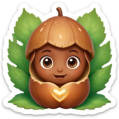 Cinematic tiny happy acorn, glossy brown, soft glowing highlights, tiny adorable face with big sparkly eyes, sitting on a pastel leaf, warm and cheerful. sticker
