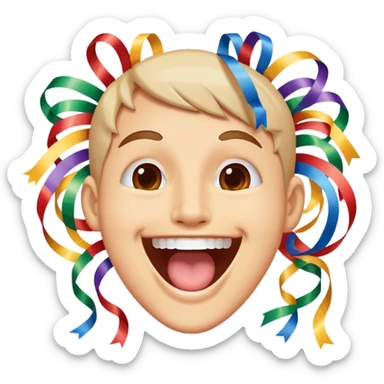 face with open mouth, smiling, surrounded by parade streamers sticker