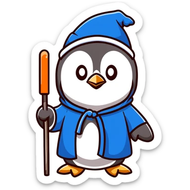 cartoon penguin wizard with a blue robe and sparkly hat, holding a glowing staff sticker