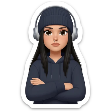 White curvy female with long straight black hair wearing a beanie and standing with arms crossed wearing a hoodie and both nostrils pierced listening to music sticker