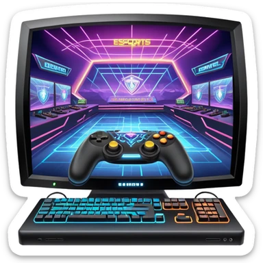 An icon featuring a gaming monitor displaying an intense esports competition, with players' hands on controllers and keyboards. A digital scoreboard and glowing energy lines surround the scene, symbolizing the excitement of competitive gaming. Transparent background highlights the world of esports. sticker