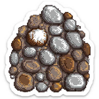 iron ore, pixel art, small cluster of gray and brown rocks, metallic shine sticker