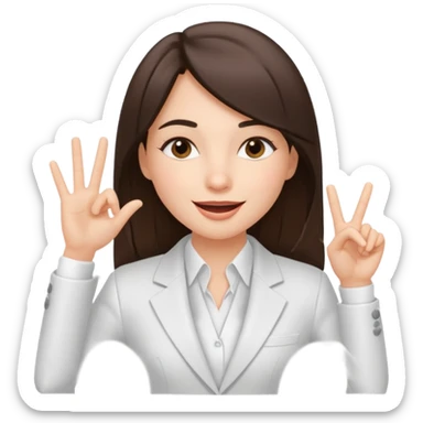 brunette girl wearing a white suit, with straight hair, making a "be quiet" gesture sticker