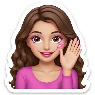 girl with long wavy brown hair, brown eyes, long lashes makeup, sexy pink lips, light to medium complexion, wearing a pink sexy top, smiling, hands covering over the eyes sticker