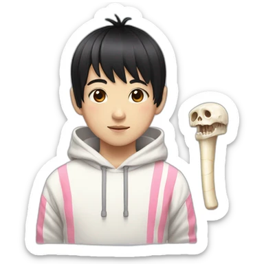 Japanese boy, with cute black hair and with a bone hairclip wearing a white hoodie with pink stripes sticker