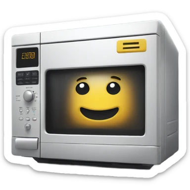 A microwave oven with a smiley face with a sly look in it sticker