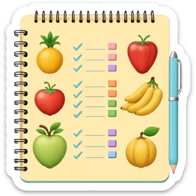 Emoji of checklist notebook with healthy food icons, nutrition planning, flat minimal emoji, pastel colors sticker
