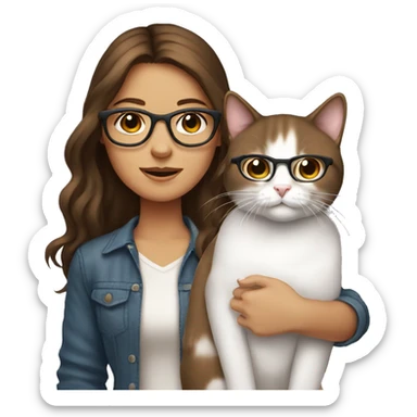 Medium brown hair with glasses, tanned Girl holding white cat sticker