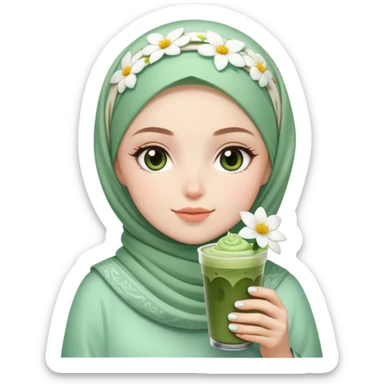 White girl with flower hijab with iced matcha sticker