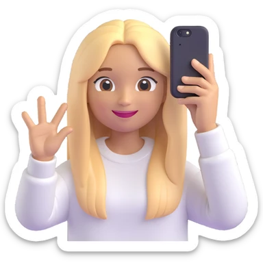 3D emoji style character with long straight blonde hair, light skin, smiling, wearing a light sweater, selfie pose sticker