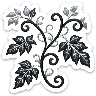 Black and silver filigree vine with leaves, artistic design, 3D, extremely detailed design sticker