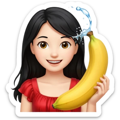 a water splashing banana above a girl with black hair and red dress sticker