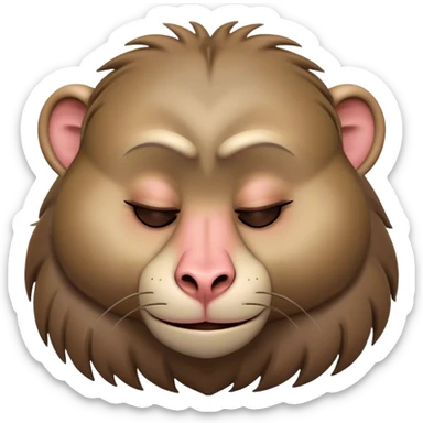 Meme-Worthy Cute Sleeping Baboon Portrait Emoji, Head resting peacefully with a contented smile, showcasing a robust build and a luxuriously soft Fur of earthy browns, eyes shut in a serene, restful nap, Simplified yet hilariously adorable features, highly detailed, glowing with a soft, drowsy light, high shine, relaxed and utterly lovable, stylized with an air of playful laziness, bright and heartwarming, soft glowing outline, capturing the essence of a comically sleepy baboon, so meme-worthy it feels like it could instantly become the next viral sensation of adorable slumber! sticker