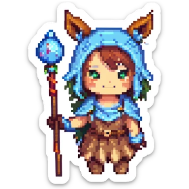 Andira from Granblue Fantasy, pixel art style, small sprite, staff in hand, cute expression, animal ears, recognizable costume sticker