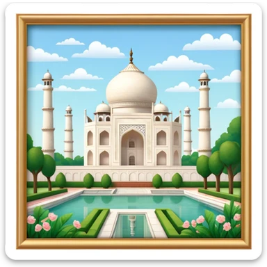 Cinematic Realistic Taj Mahal Landmark Emoji, depicted as the iconic marble mausoleum set amidst lush gardens rendered with intricate detail and ethereal, soft lighting. sticker