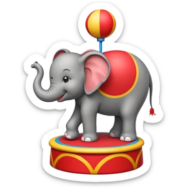 Create a cute emoji of a smiling cartoon elephant balancing a red patterned ball on its trunk while standing on a colorful circus platform. Use a simple, rounded emoji style with clean lines and bright colors. sticker