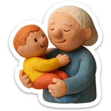 claymation style old person holding a child in their arms sticker