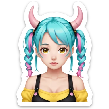 En anime-jente med to rosa lange tykke fletter og cyan striper i håret, ku-horn og ku-ører, sort BH-topp over en gul cropped-fleece-blouse sticker