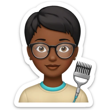 Happy woman with very short hair and glasses having haircut sticker