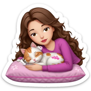 girl with long wavy brown hair, brown eyes, long lashes makeup, sexy pink lips, light to medium complexion,  sleeping on a cozy pillow, with 6 cats, sleeping sticker