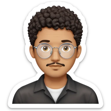 Man with oval-shaped face, large oval metallic glasses, dark curly short hair with high fade, light brown complexion, gentle expression, black button-up shirt sticker