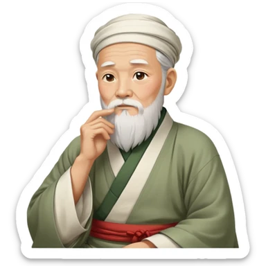 Old oriental sage with white beard and traditional Chinese clothing in contemplative pose, looking thoughtful with hand on chin sticker