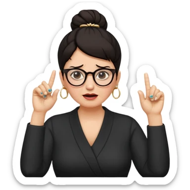 middle aged woman with dark hair pulled up in a high bun, wearing round ring earrings and glasses blocking her ears with her index finger, with a very painful expression on her face  because she cannot stand hearing a terrible singer who is too loud and out of tune.   sticker