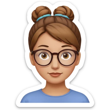 femme de 38 ans avec des cheveux châtain clair, un chignon haut, yeux bruns, lunettes rondes sticker
