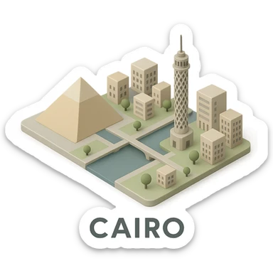 Isometric minimalistic illustration of Cairo, subtle 3D miniature effect and Tilt Shift effect, no cartoonish look, transparent background. sticker